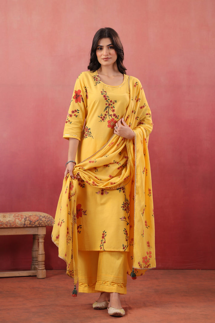 Yellow Cotton Printed Straight Kurta Pant With Dupatta Set