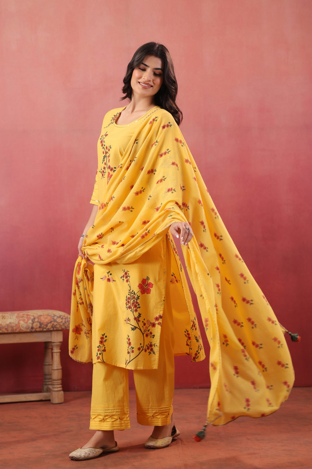 Yellow Cotton Printed Straight Kurta Pant With Dupatta Set