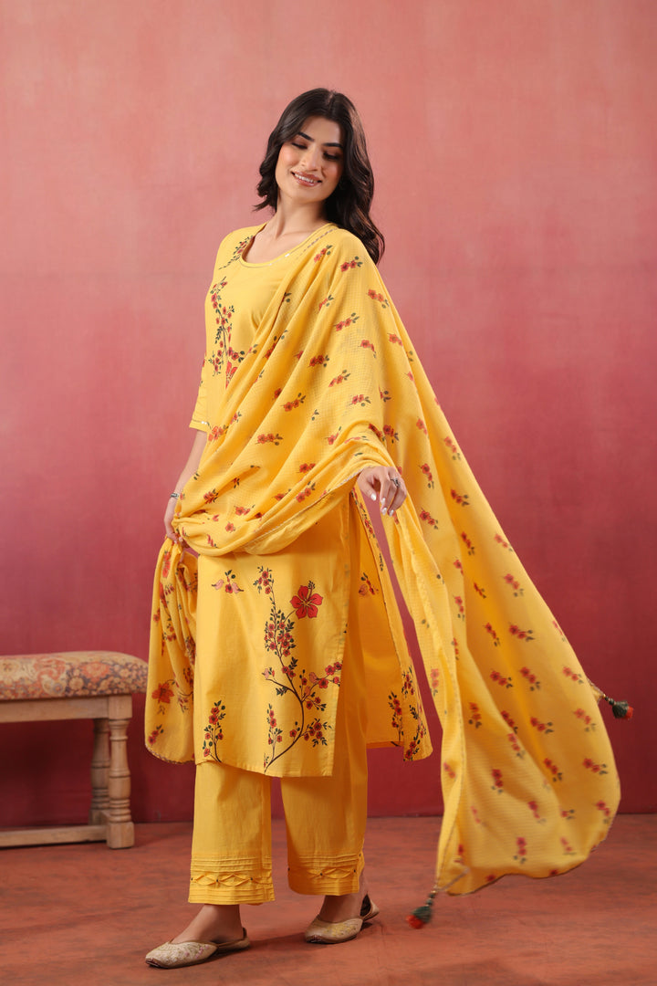 Yellow Cotton Printed Straight Kurta Pant With Dupatta Set