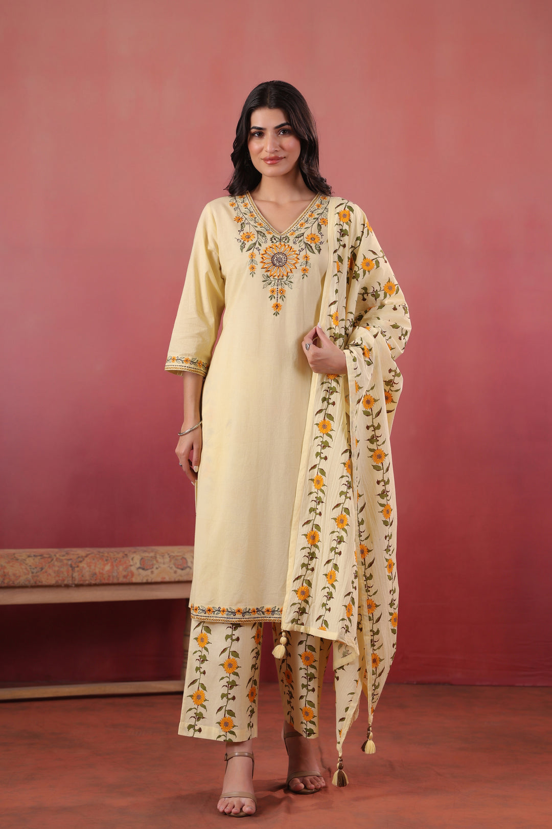 Yellow Cotton Embroidered Kurta Pant With Dupatta Set