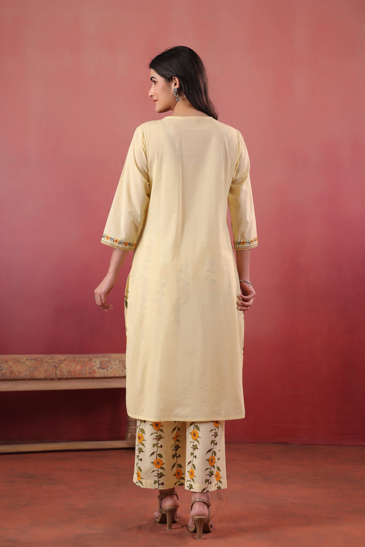 Yellow Cotton Embroidered Kurta Pant With Dupatta Set