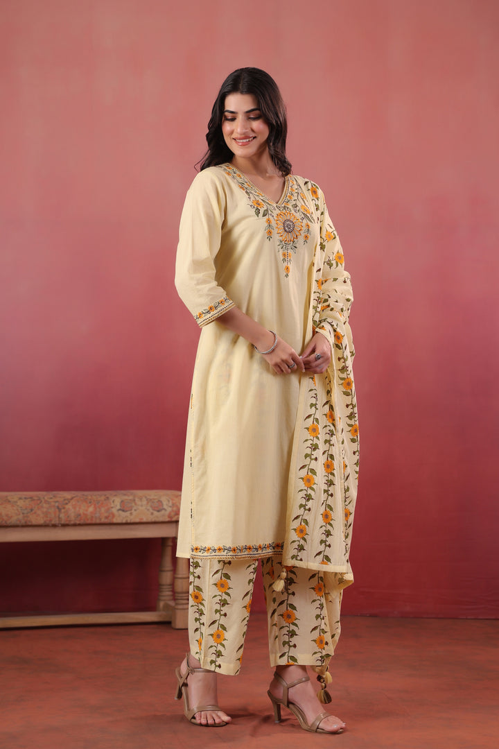 Yellow Cotton Embroidered Kurta Pant With Dupatta Set
