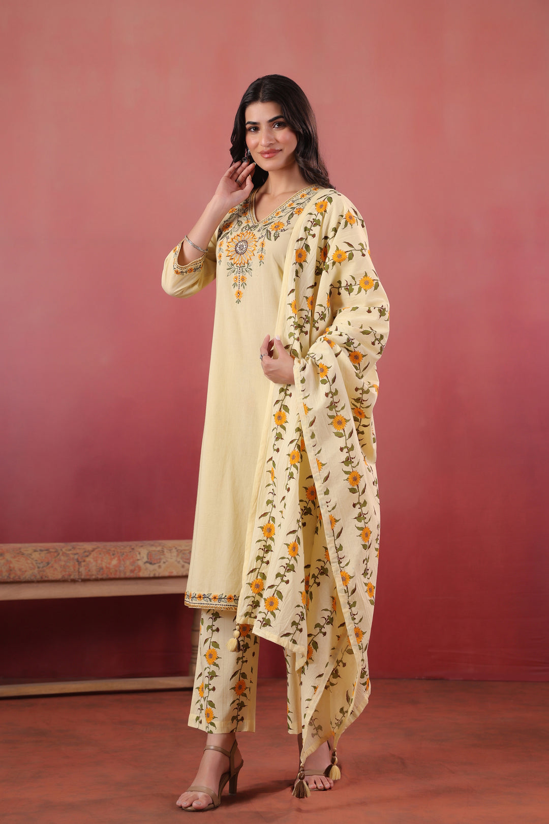 Yellow Cotton Embroidered Kurta Pant With Dupatta Set