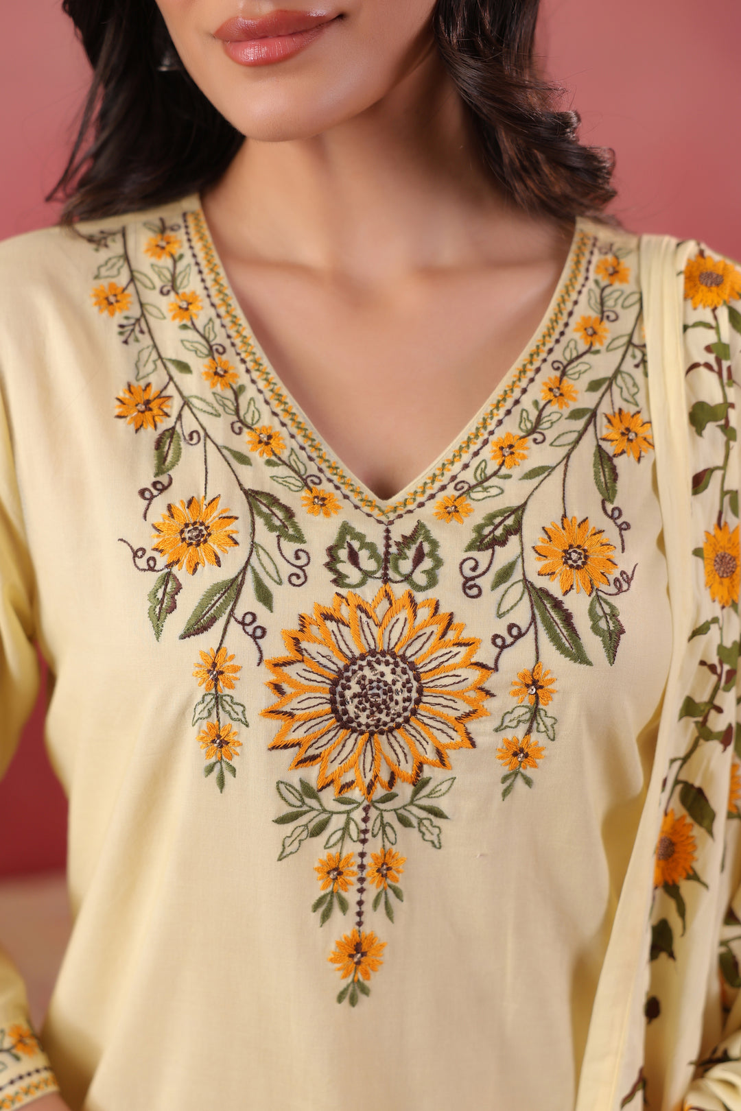 Yellow Cotton Embroidered Kurta Pant With Dupatta Set