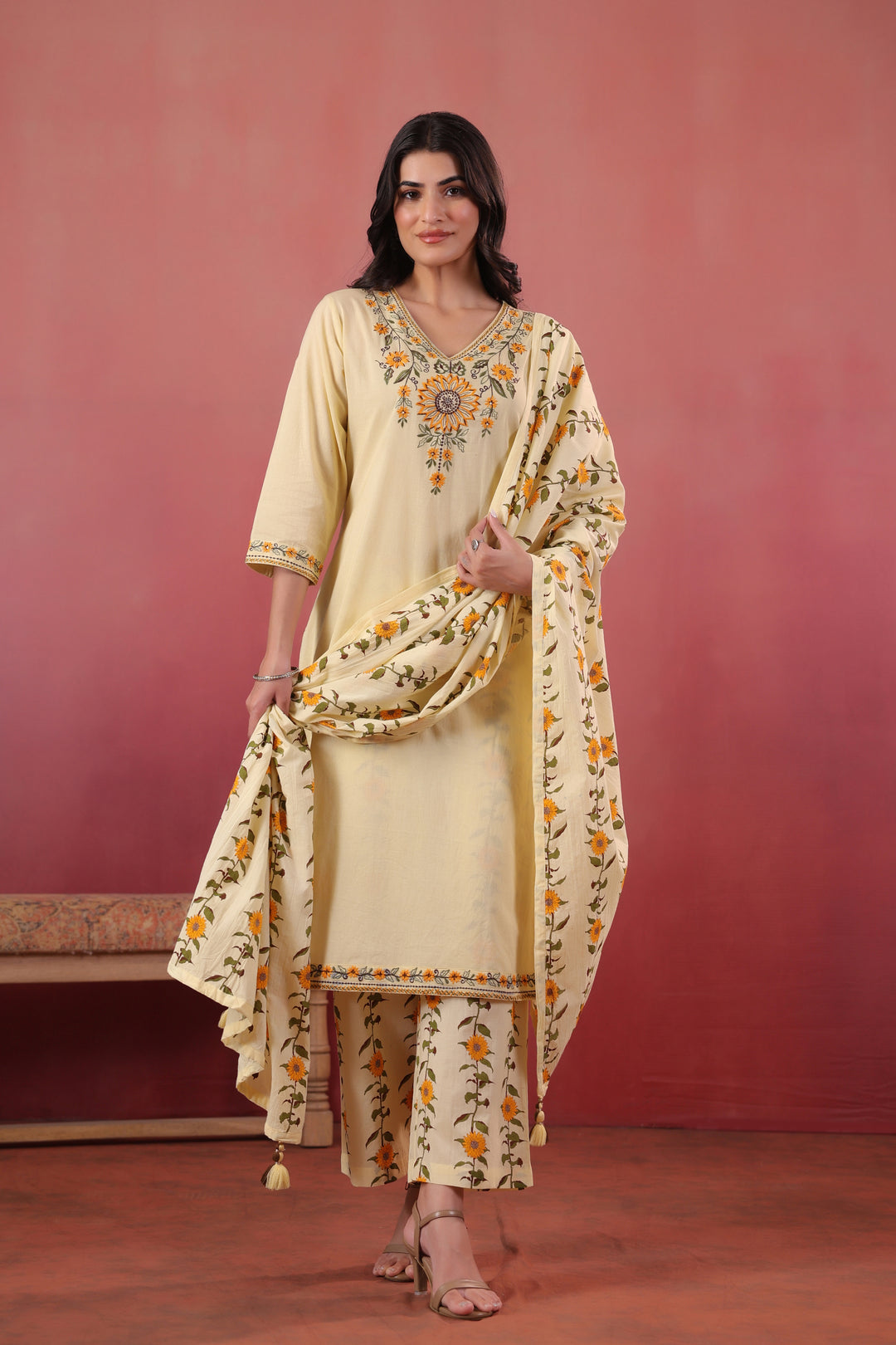 Yellow Cotton Embroidered Kurta Pant With Dupatta Set