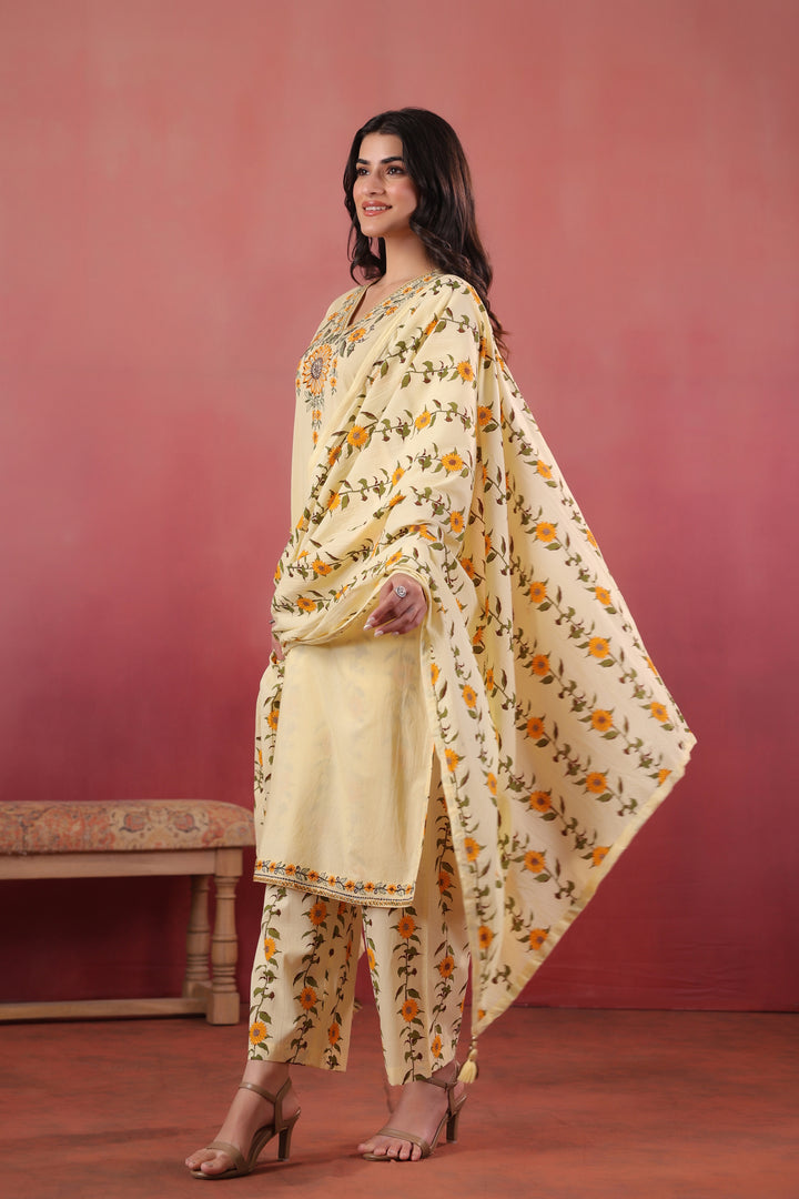 Yellow Cotton Embroidered Kurta Pant With Dupatta Set