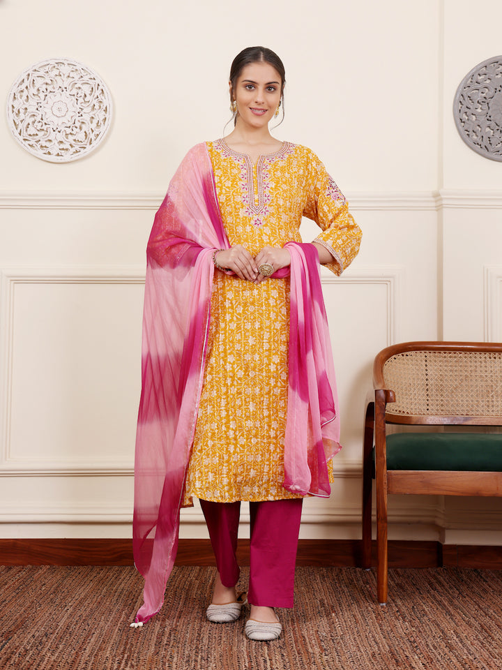 Yellow Cotton Lurex Festive Kurta Pant Set