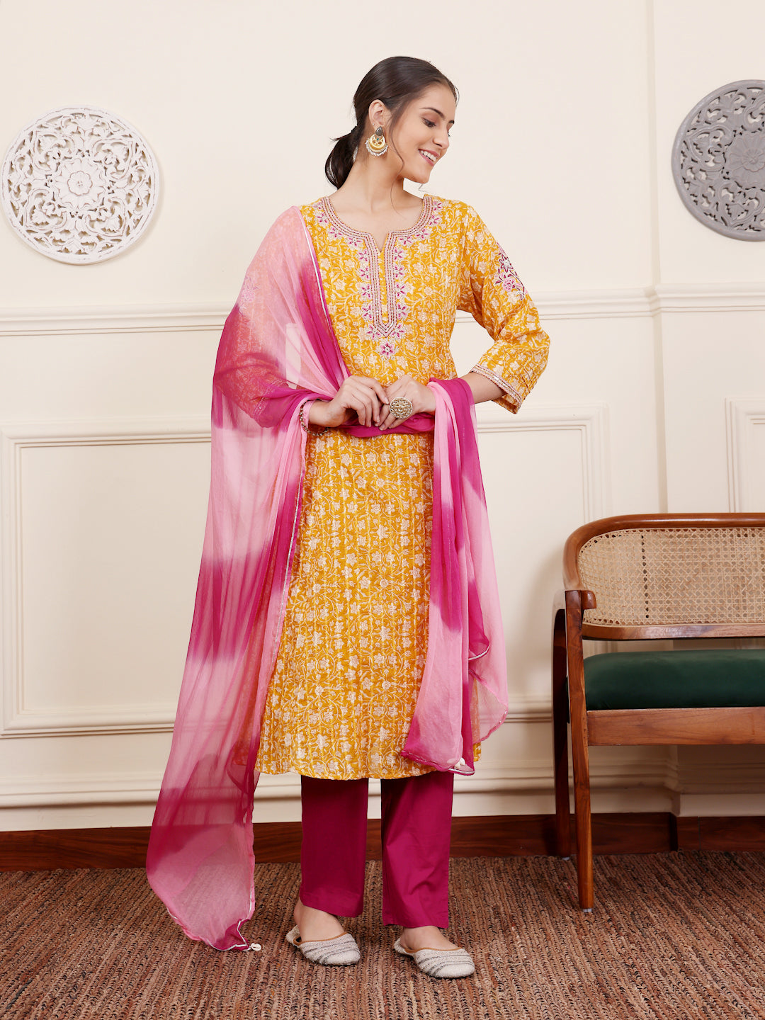 Yellow Cotton Lurex Festive Kurta Pant Set