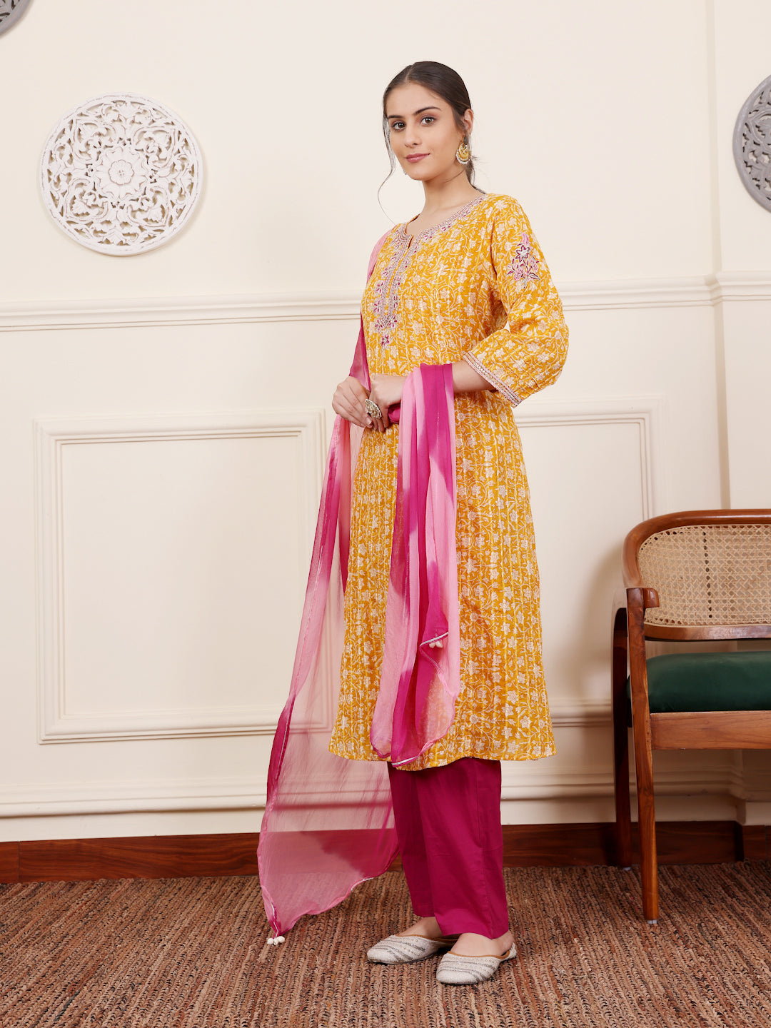 Yellow Cotton Lurex Festive Kurta Pant Set