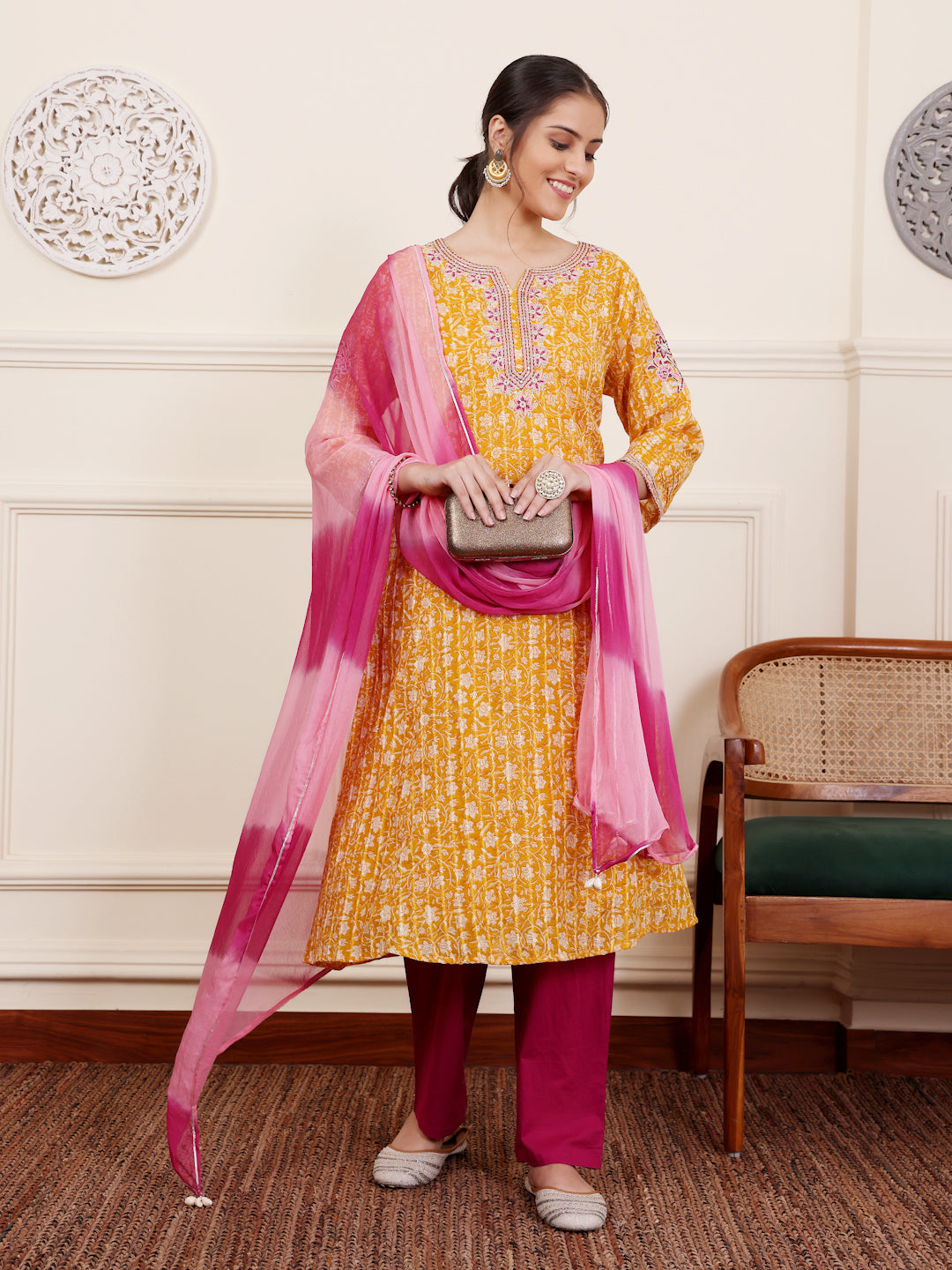 Yellow Cotton Lurex Festive Kurta Pant Set