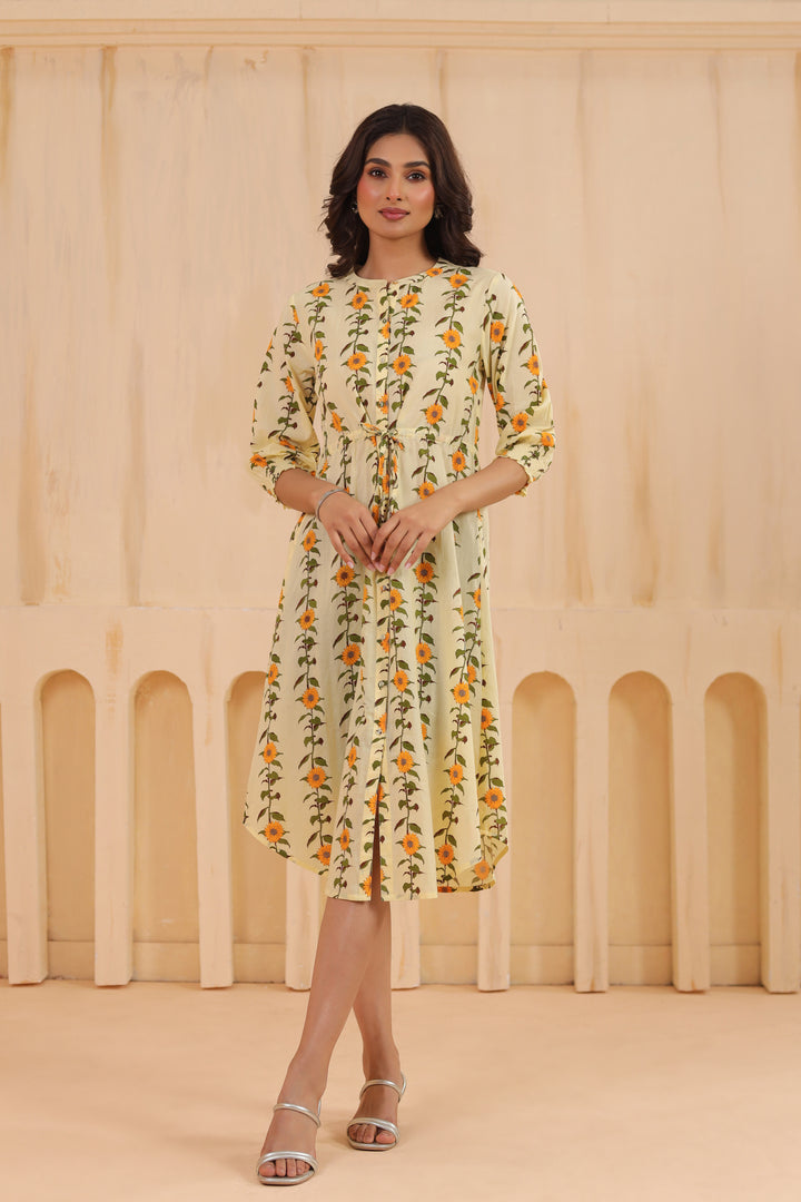 Yellow Cotton Printed A-Line Dress