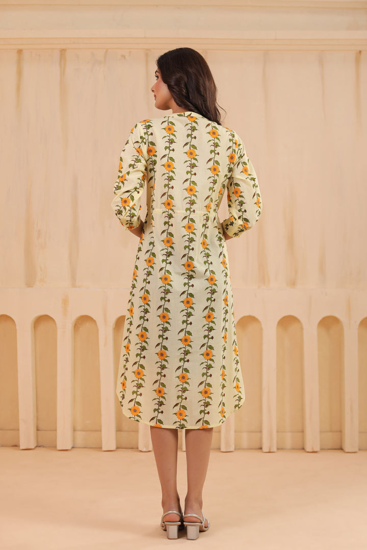 Yellow Cotton Printed A-Line Dress
