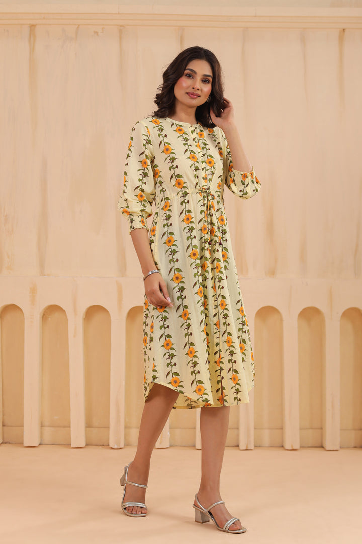 Yellow Cotton Printed A-Line Dress