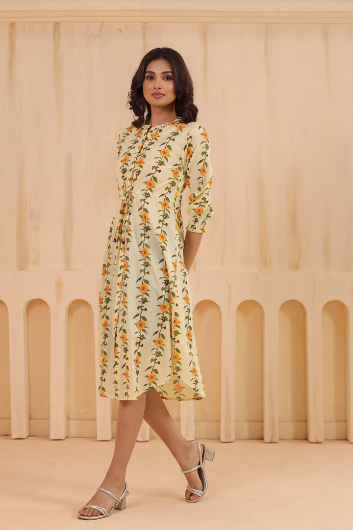 Yellow Cotton Printed A-Line Dress