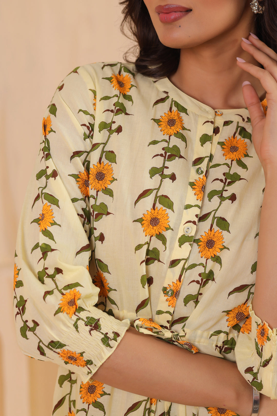 Yellow Cotton Printed A-Line Dress