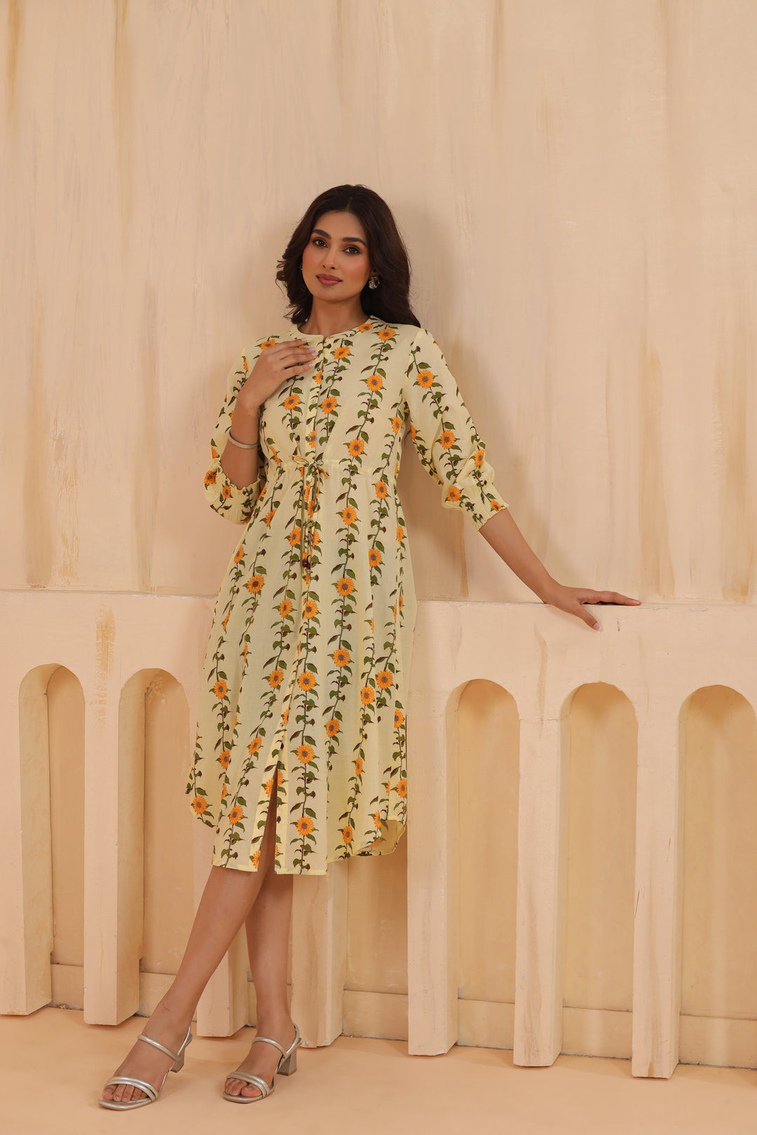Yellow Cotton Printed A-Line Dress