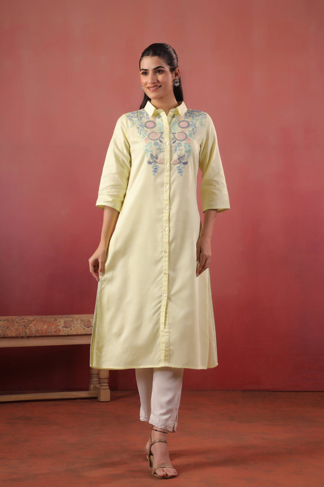 Lemon Yellow Cotton Slub Embroidered Designer Kurta