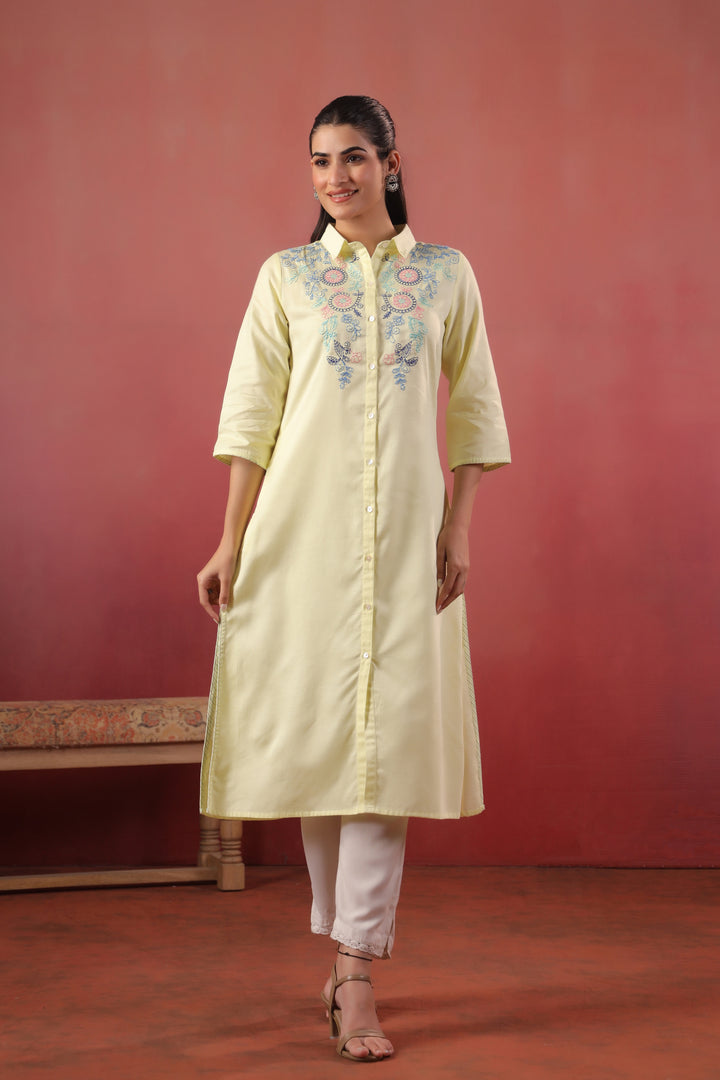 Lemon Yellow Cotton Slub Embroidered Designer Kurta