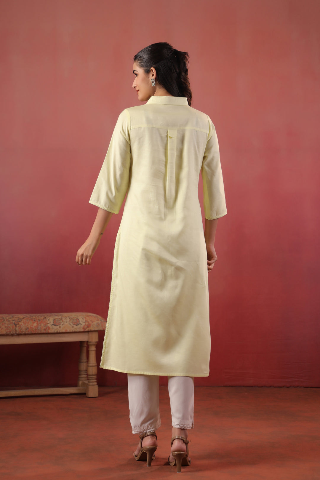 Lemon Yellow Cotton Slub Embroidered Designer Kurta