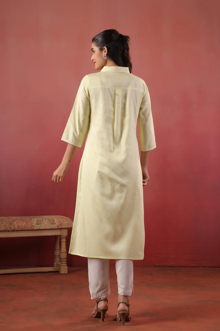 Lemon Yellow Cotton Slub Embroidered Designer Kurta