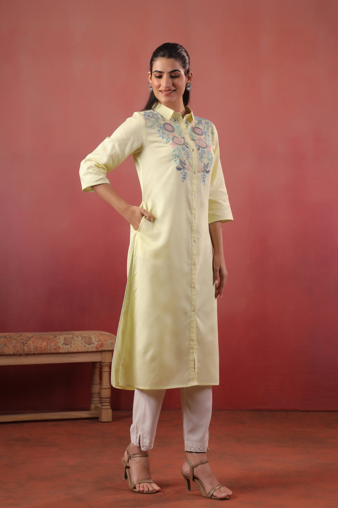 Lemon Yellow Cotton Slub Embroidered Designer Kurta