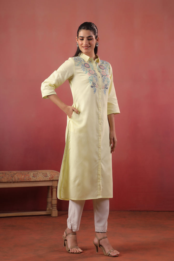 Lemon Yellow Cotton Slub Embroidered Designer Kurta
