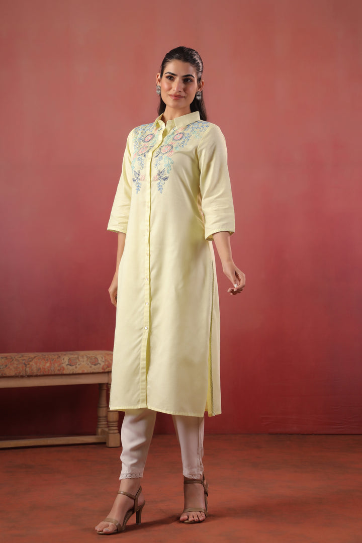 Lemon Yellow Cotton Slub Embroidered Designer Kurta