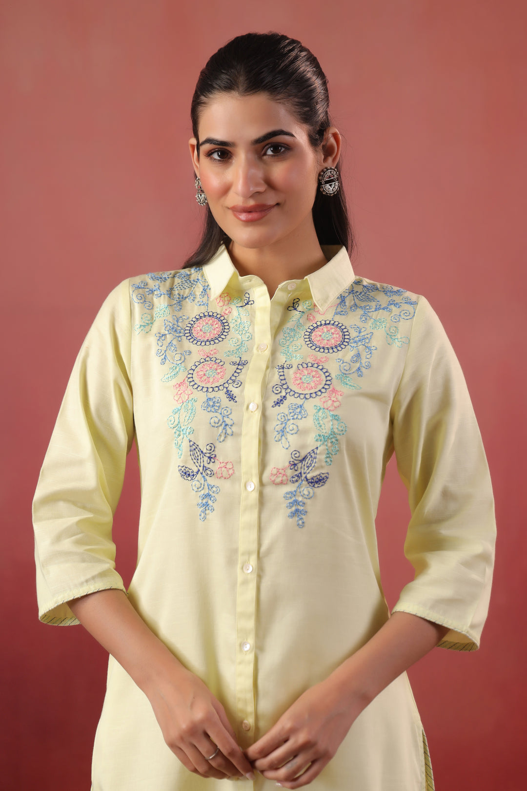Lemon Yellow Cotton Slub Embroidered Designer Kurta
