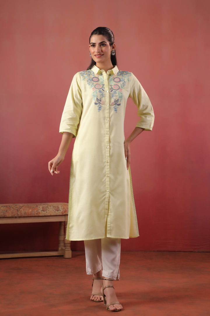 Lemon Yellow Cotton Slub Embroidered Designer Kurta