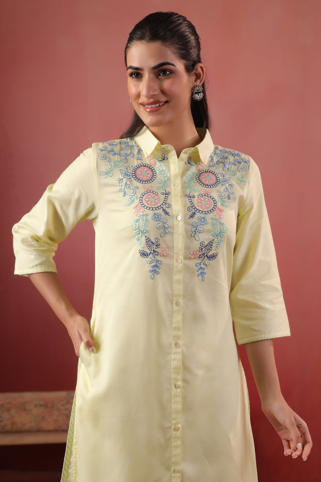 Lemon Yellow Cotton Slub Embroidered Designer Kurta