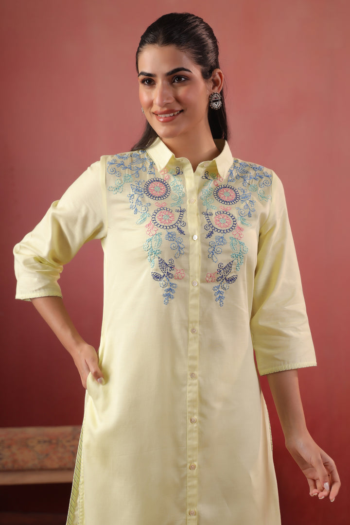 Lemon Yellow Cotton Slub Embroidered Designer Kurta