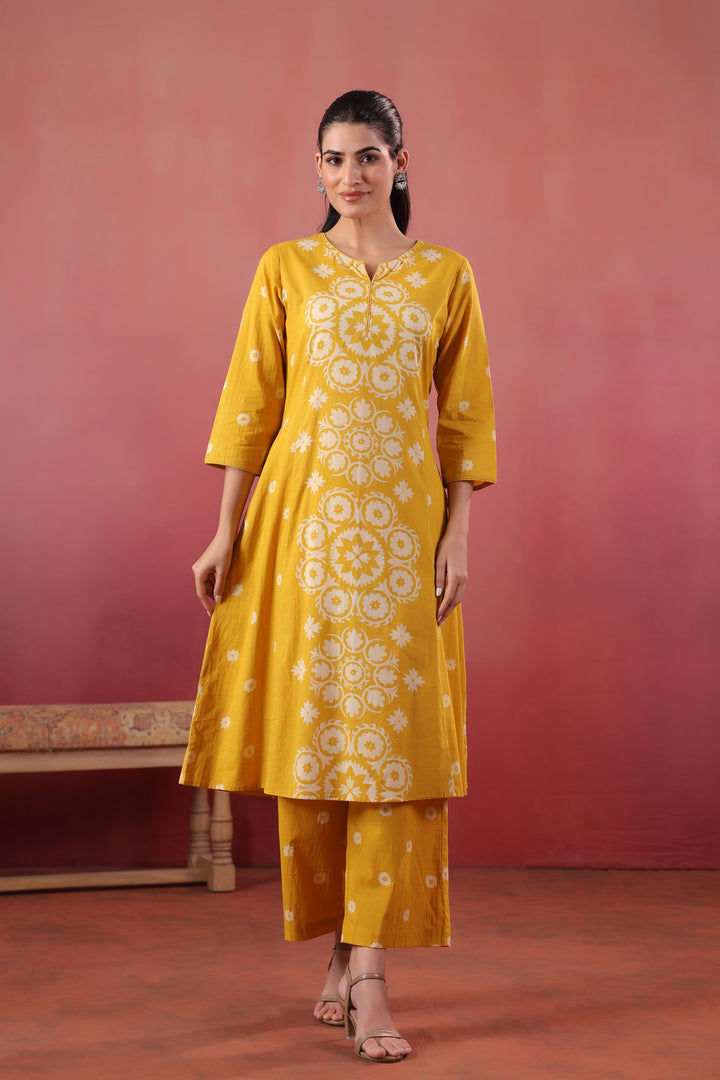 Yellow Cotton Printed A-Line Kurta Pant Set