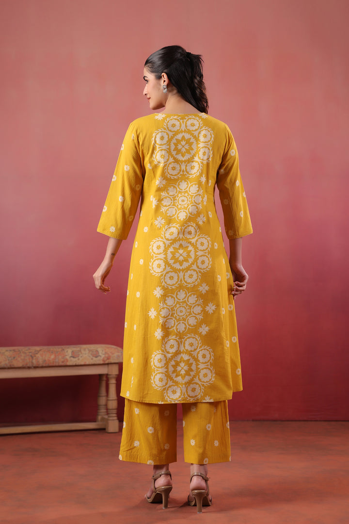 Yellow Cotton Printed A-Line Kurta Pant Set