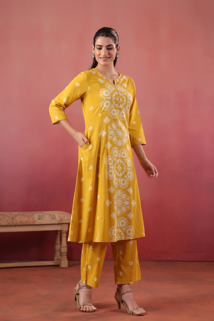 Yellow Cotton Printed A-Line Kurta Pant Set