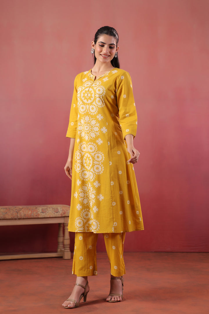 Yellow Cotton Printed A-Line Kurta Pant Set