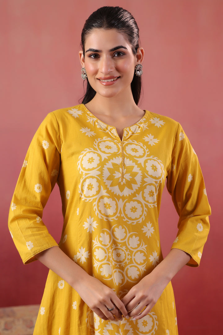 Yellow Cotton Printed A-Line Kurta Pant Set