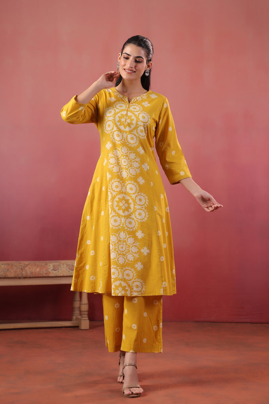 Yellow Cotton Printed A-Line Kurta Pant Set