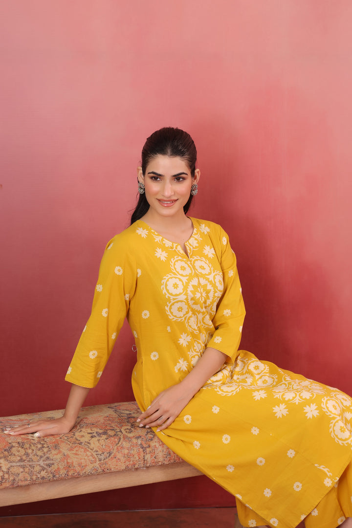Yellow Cotton Printed A-Line Kurta Pant Set
