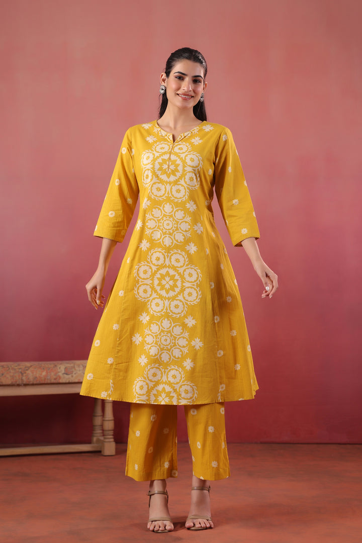 Yellow Cotton Printed A-Line Kurta Pant Set