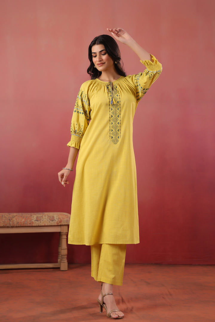 Yellow Cotton Embroidered Designer Kurta Pant Set
