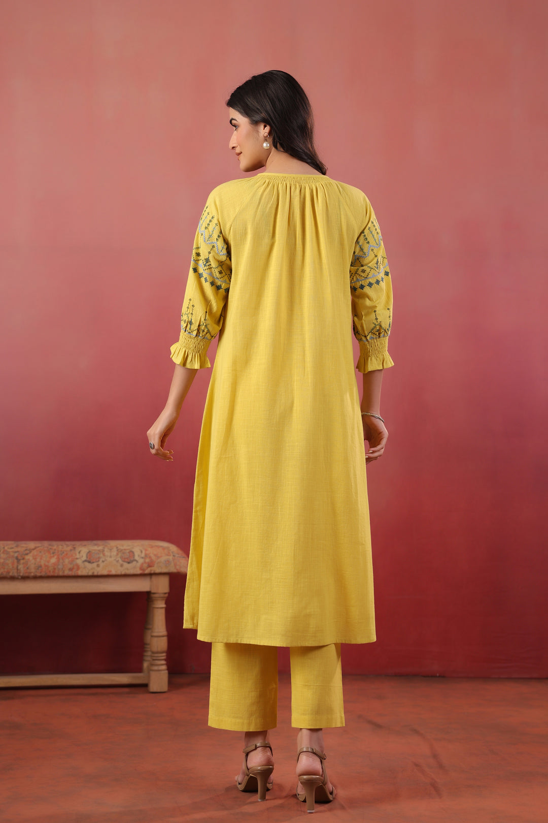 Yellow Cotton Embroidered Designer Kurta Pant Set