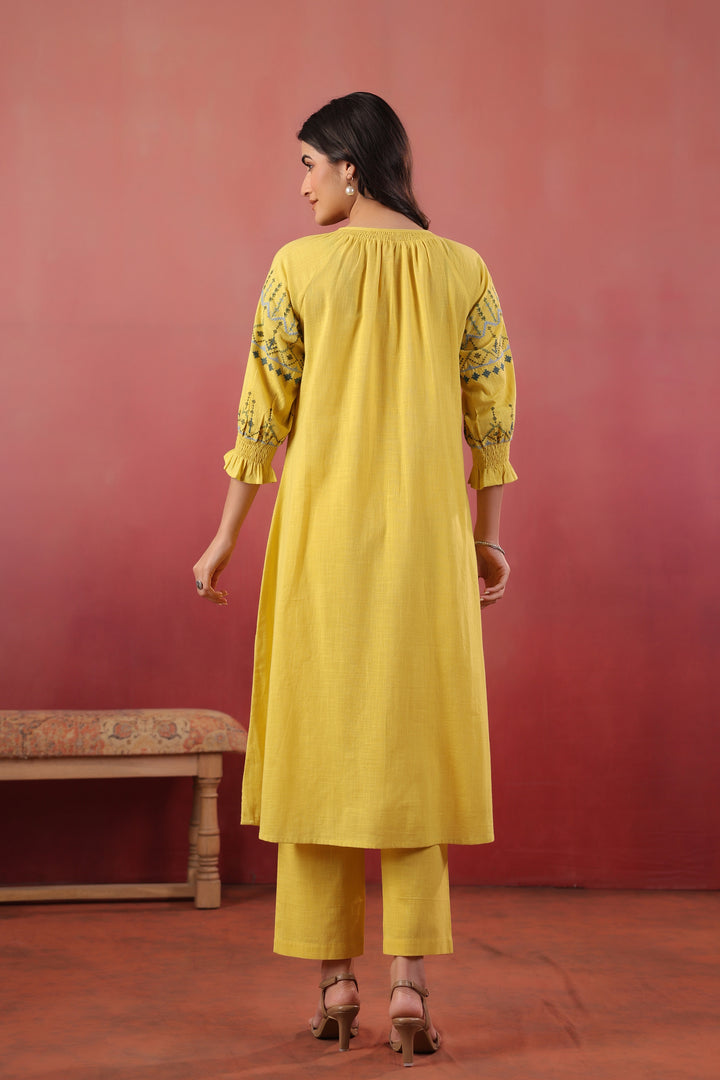 Yellow Cotton Embroidered Designer Kurta Pant Set