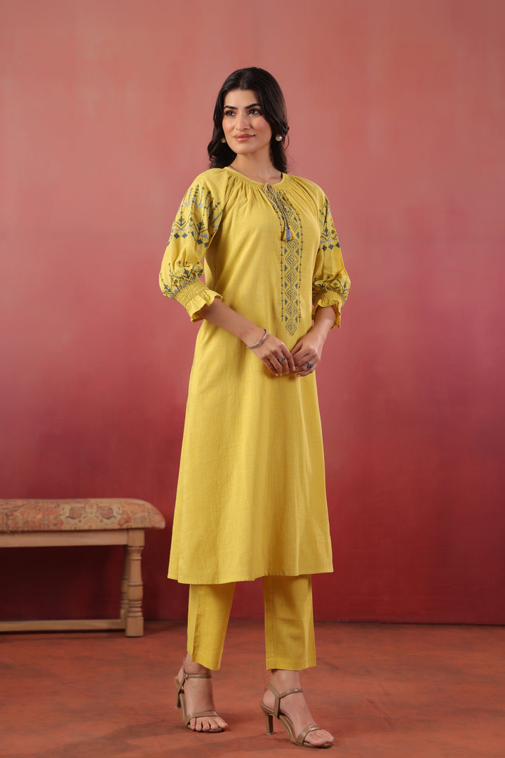 Yellow Cotton Embroidered Designer Kurta Pant Set