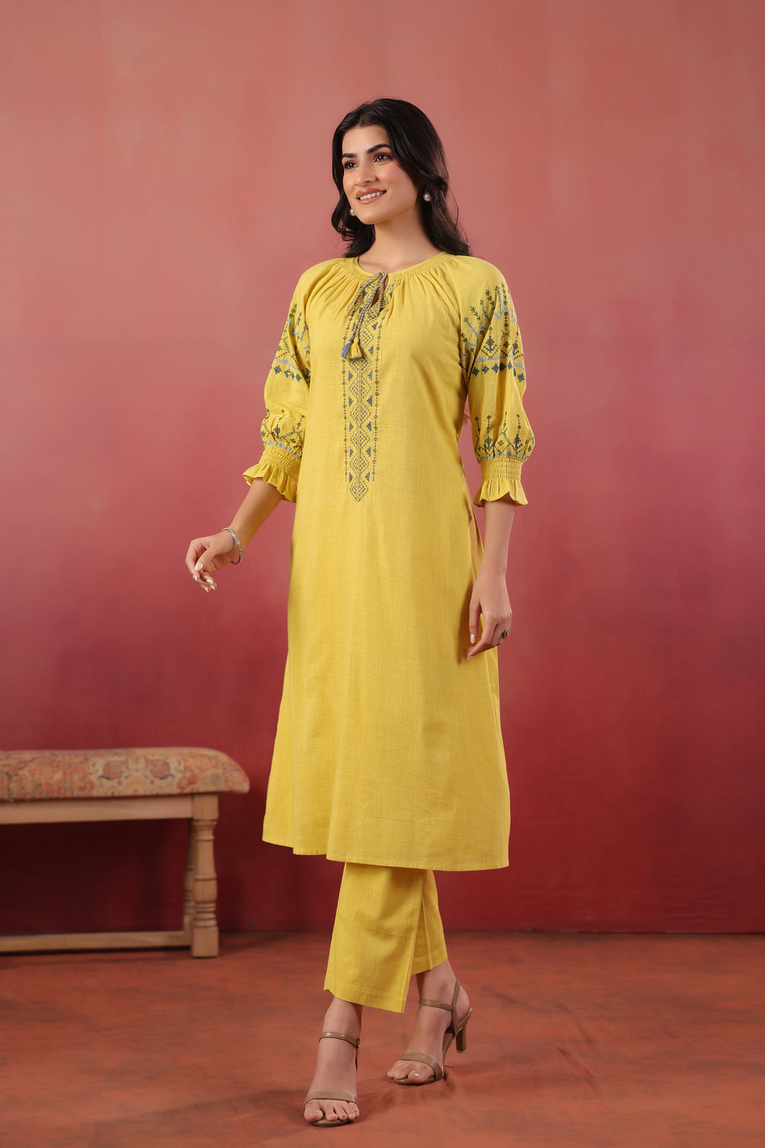 Yellow Cotton Embroidered Designer Kurta Pant Set