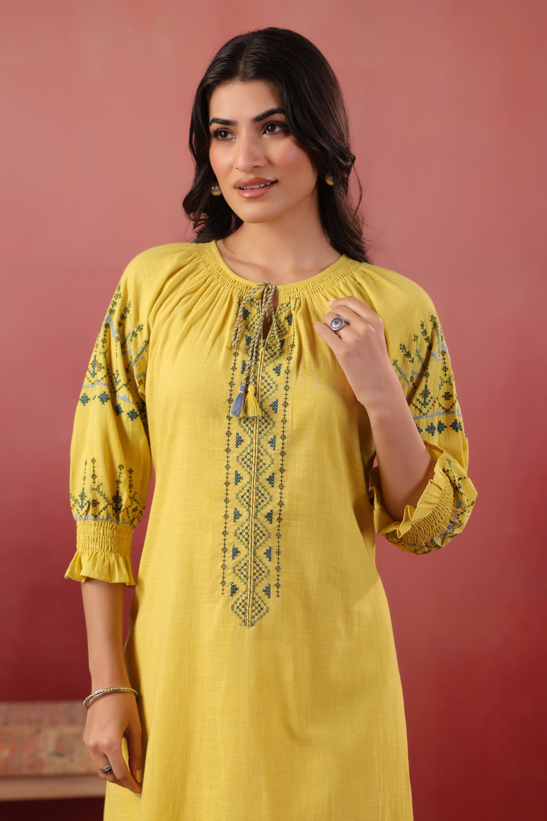 Yellow Cotton Embroidered Designer Kurta Pant Set