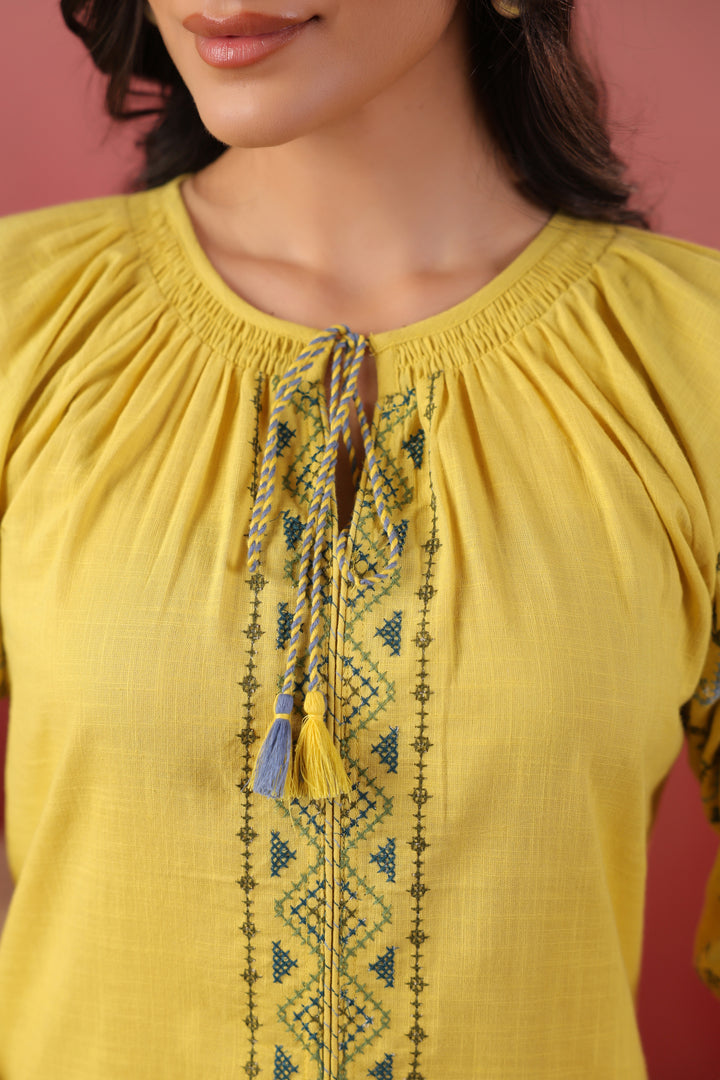 Yellow Cotton Embroidered Designer Kurta Pant Set