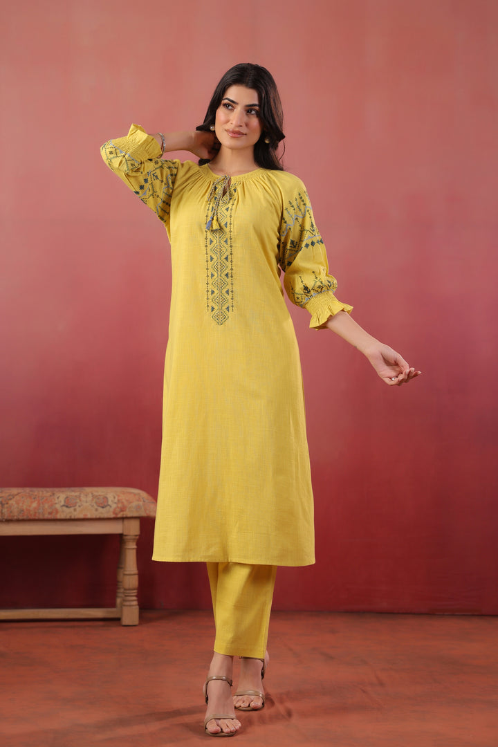 Yellow Cotton Embroidered Designer Kurta Pant Set