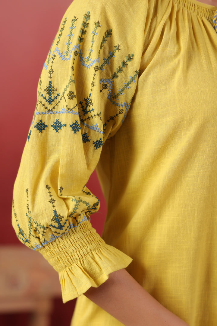 Yellow Cotton Embroidered Designer Kurta Pant Set