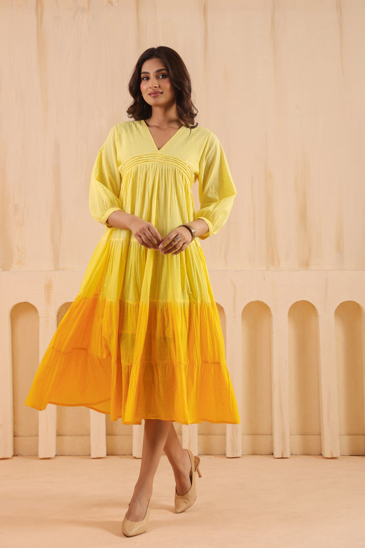 Yellow Cotton Dobby Ombre Dress
