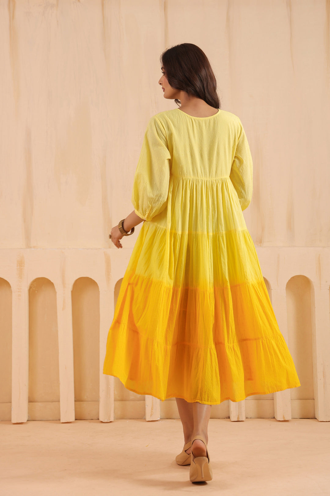 Yellow Cotton Dobby Ombre Dress
